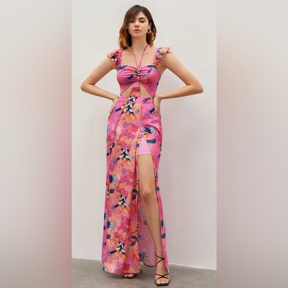 SHEIN NWT PINK FLORAL AND BIRD SPLIT THIGH DRESS - Picture 3 of 8